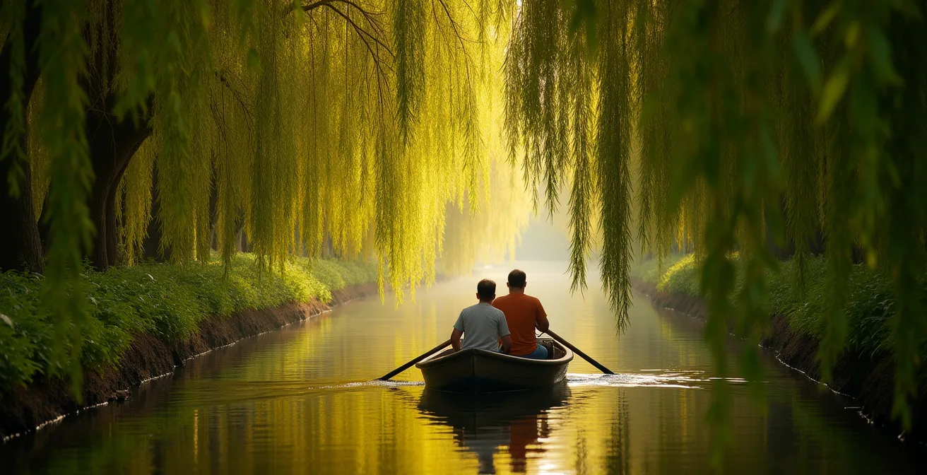 Couple paisible en barque sur les canaux verts du Marais Poitevin en fin d'après-midi