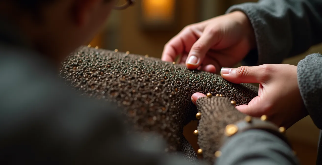 Adolescent observant de près les détails d'une armure médiévale dans un musée