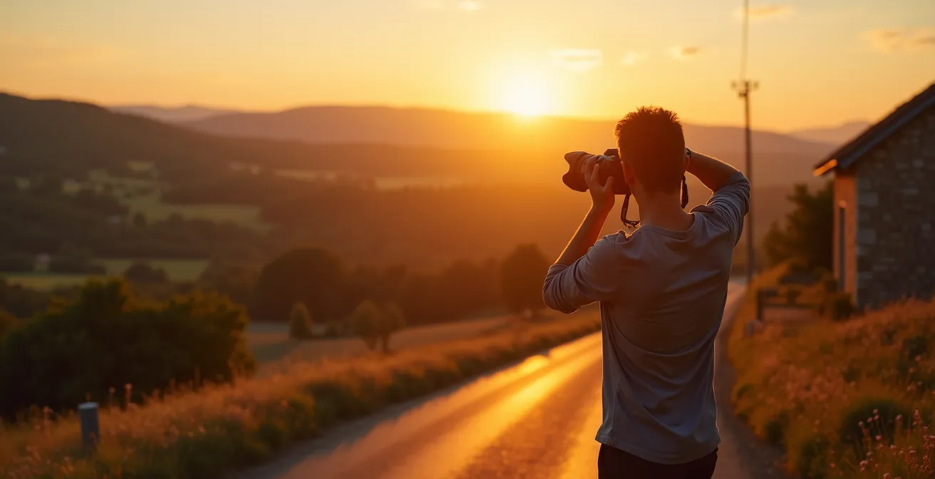 Photographe capturant un paysage rural français au coucher du soleil depuis le bord de route