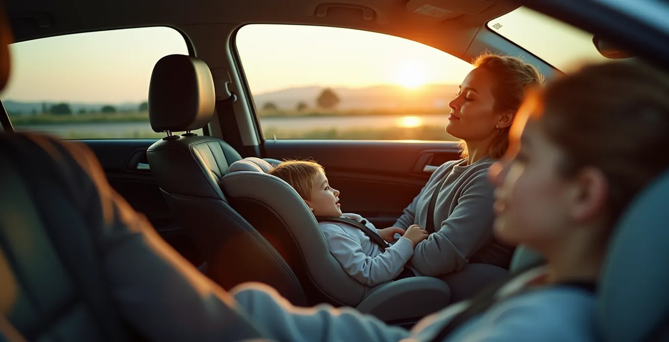 Vue latérale d'une berline familiale roulant sur autoroute avec passagers détendus