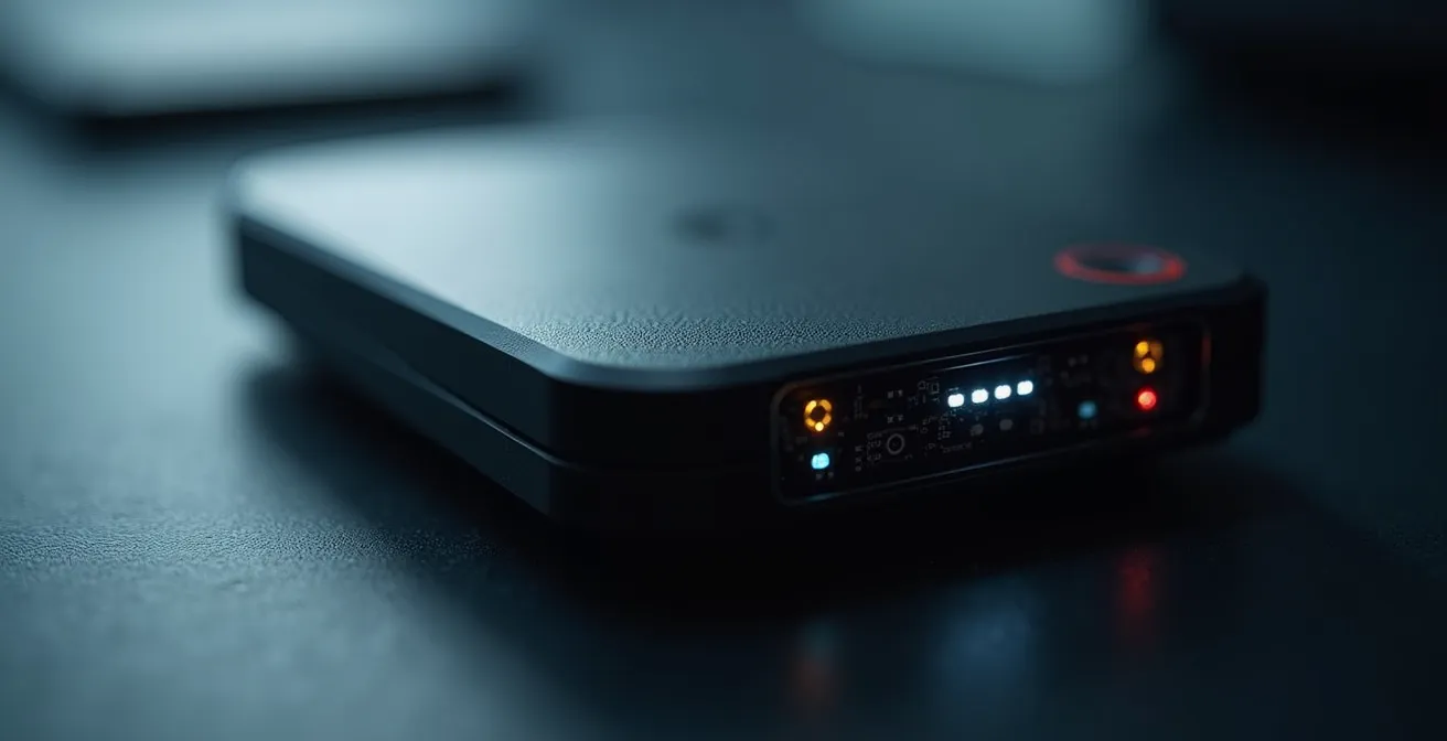 Détail macro d'un boîtier connecté automobile avec effet de profondeur de champ