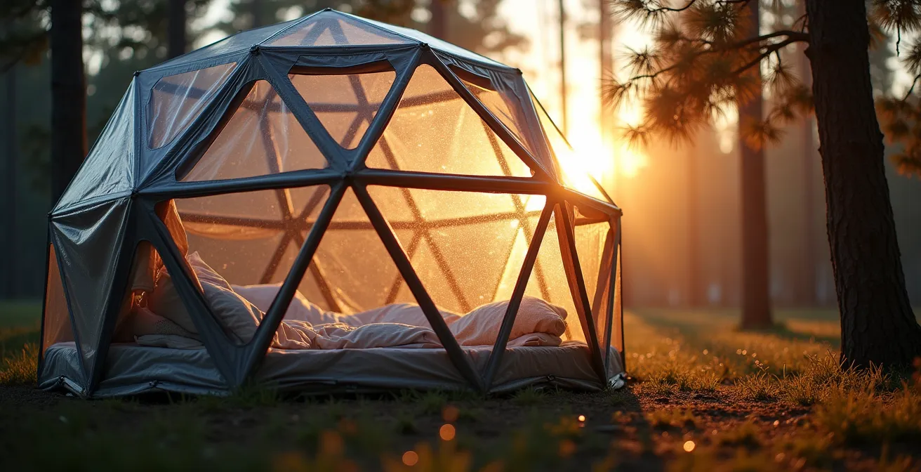 Bulle transparente d'hébergement avec système de ventilation et toile d'ombrage partielle au coucher du soleil