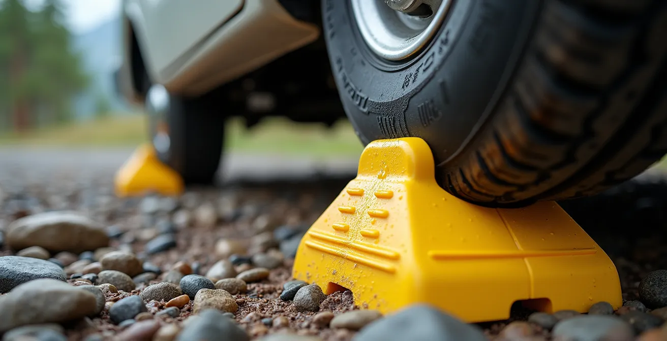 Installation de cales de roue sous un camping-car en terrain incliné dans les Alpes françaises