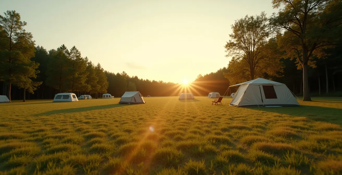 Vue large d'un camping municipal français au crépuscule avec emplacements simples et quelques tentes