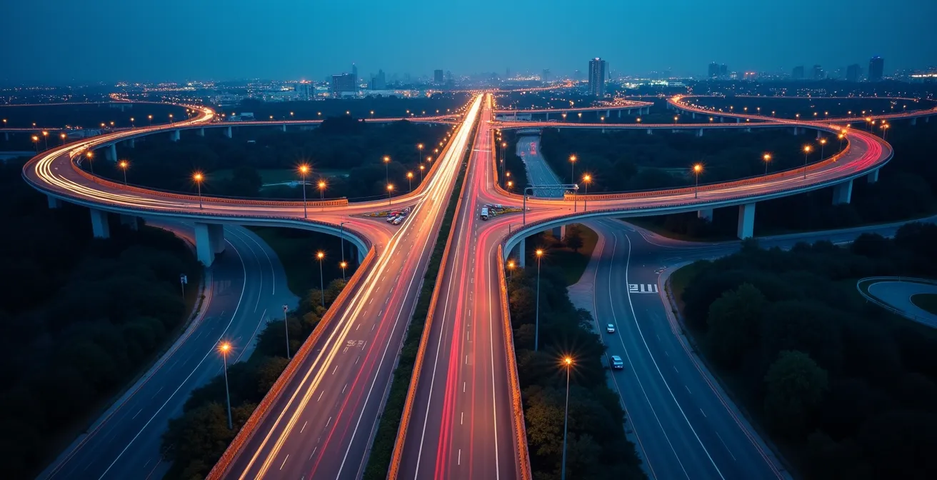 Carte stylisée du réseau autoroutier français avec points de recharge électrique illuminés