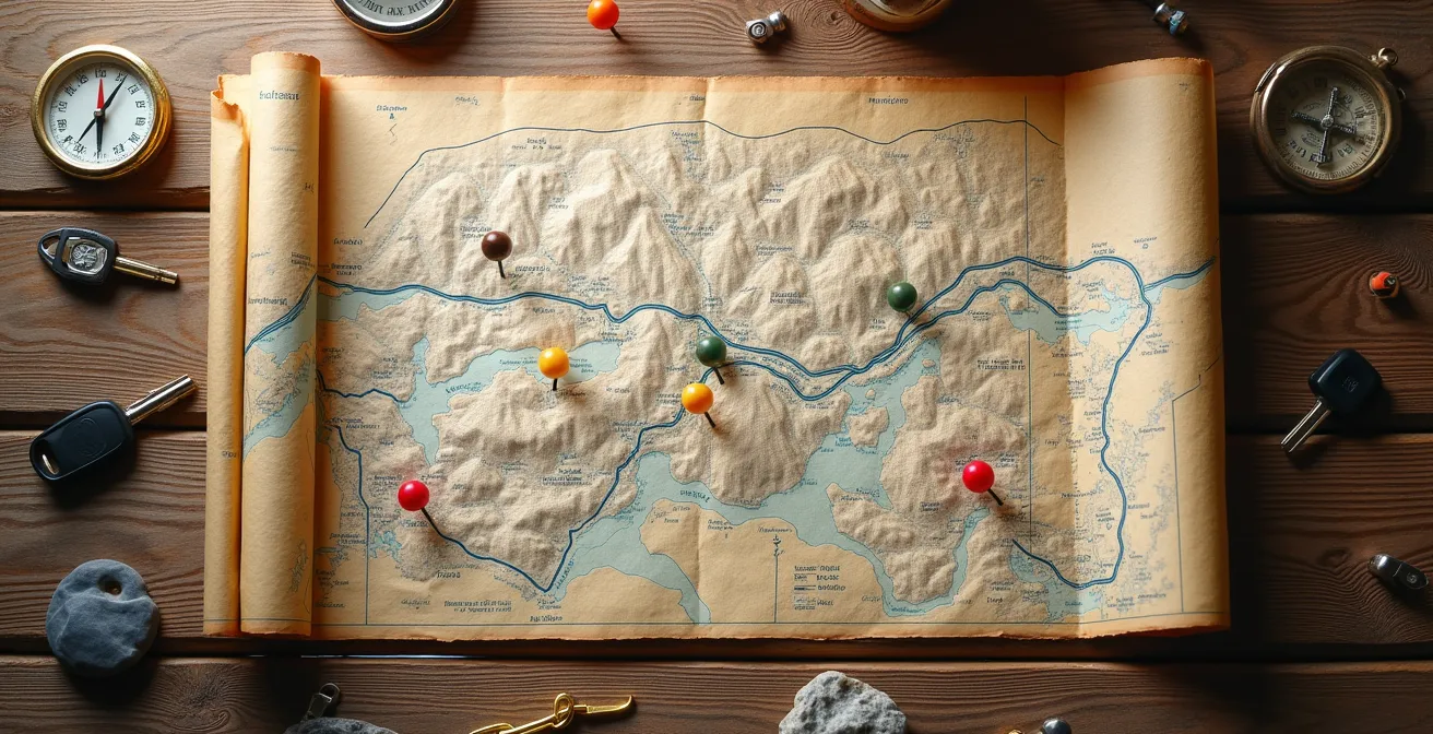 Vue de dessus d'une carte routière dépliée avec des épingles colorées marquant un itinéraire