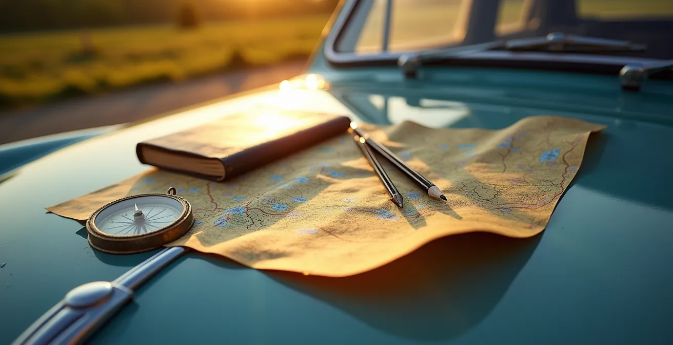 Kit de survie analogique avec carte Michelin pliée et boussole sur capot de voiture