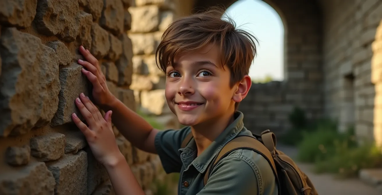 Adolescent explorant les ruines d'un château isolé en Dordogne