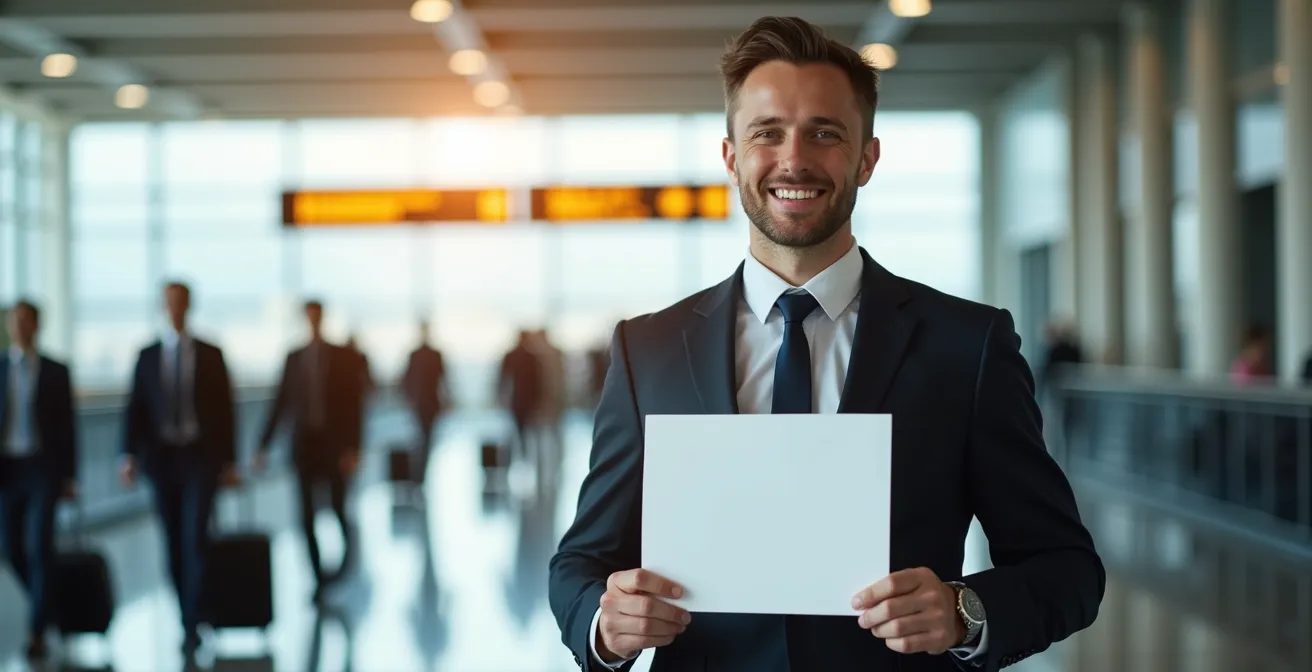 Chauffeur professionnel tenant une pancarte dans un hall d'arrivée d'aéroport
