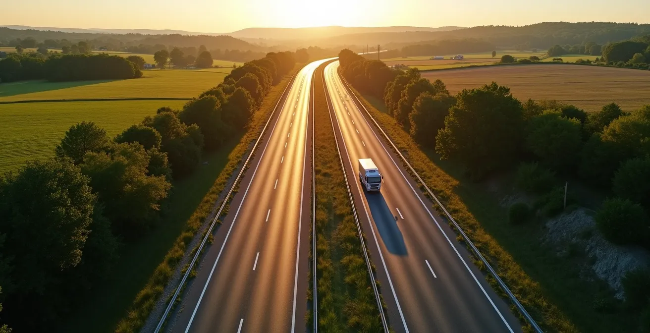 Vue aérienne montrant deux itinéraires parallèles autoroute et route nationale avec métaphore visuelle des économies