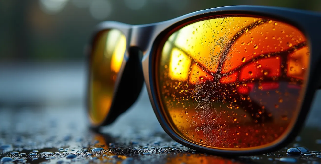 Détail macro de verres polarisants avec reflets de lumière sur route mouillée