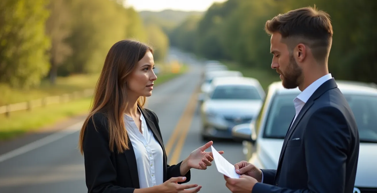 Deux conducteurs échangeant des documents après un accident de voiture