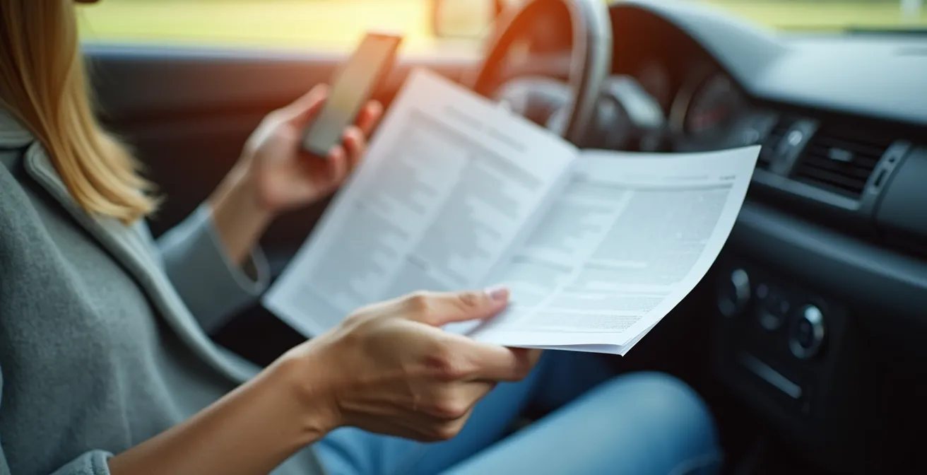 Main tenant une attestation d'assurance papier avec smartphone montrant version numérique en arrière-plan