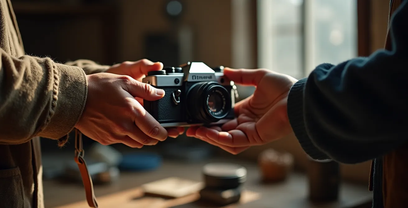 Moment d'échange respectueux entre un voyageur montrant l'écran de son appareil photo à un artisan local souriant