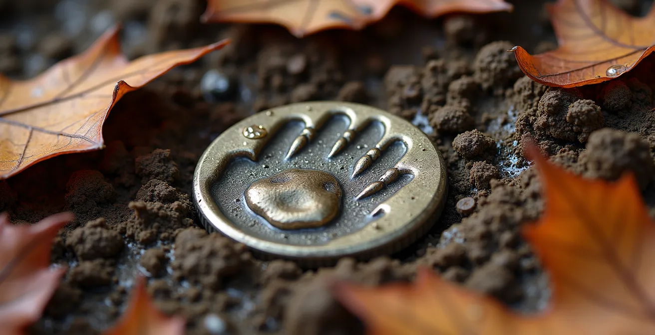 Gros plan sur empreintes d'animaux dans la boue avec pièce pour l'échelle