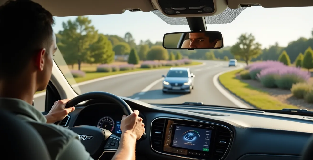 Vue aérienne d'un camping-car négociant un rond-point pour illustrer la gestion du porte-à-faux
