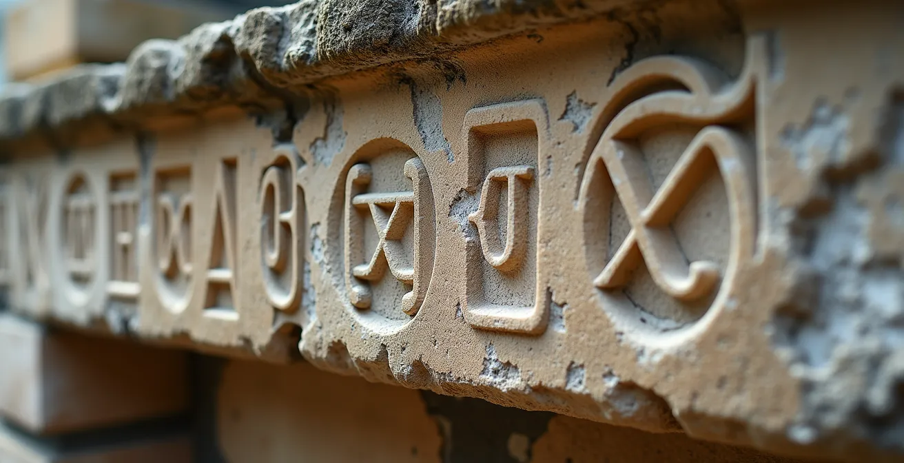Détails architecturaux d'une façade ancienne montrant des symboles gravés et des traces du passé