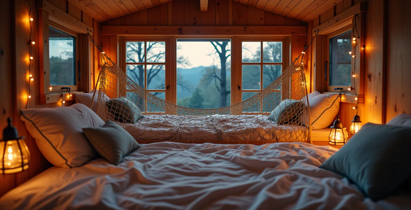 Intérieur de cabane perchée avec filets de protection et barrières sécurisées autour des couchages enfants