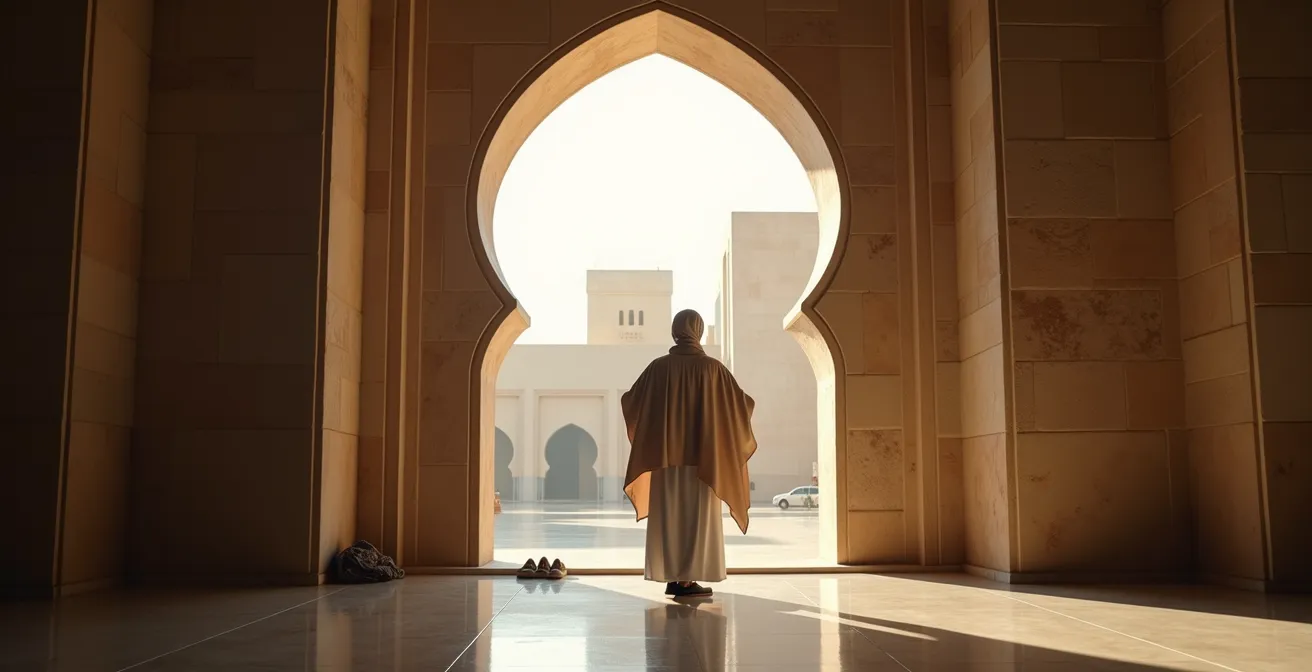 Voyageur avec foulard respectueux devant l'entrée d'un lieu de culte