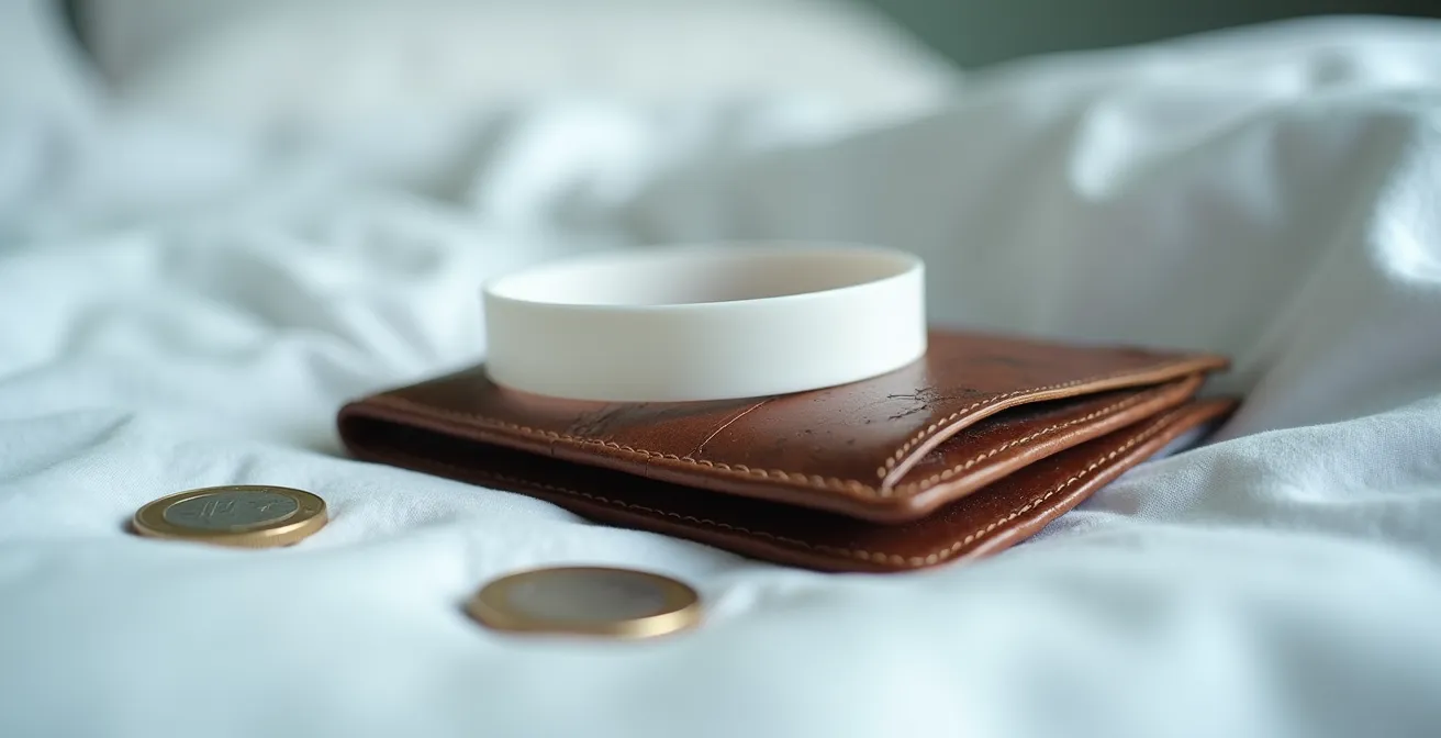 Gros plan sur un bracelet d'hôpital posé à côté d'un portefeuille ouvert et vide, symbolisant le piège financier des frais médicaux imprévus à l'étranger