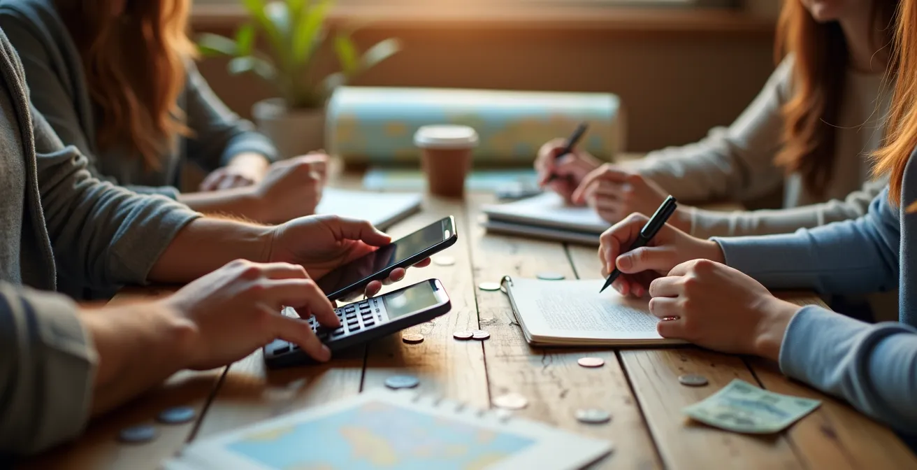 Groupe d'amis autour d'une table planifiant leur budget voyage avec café et carnet