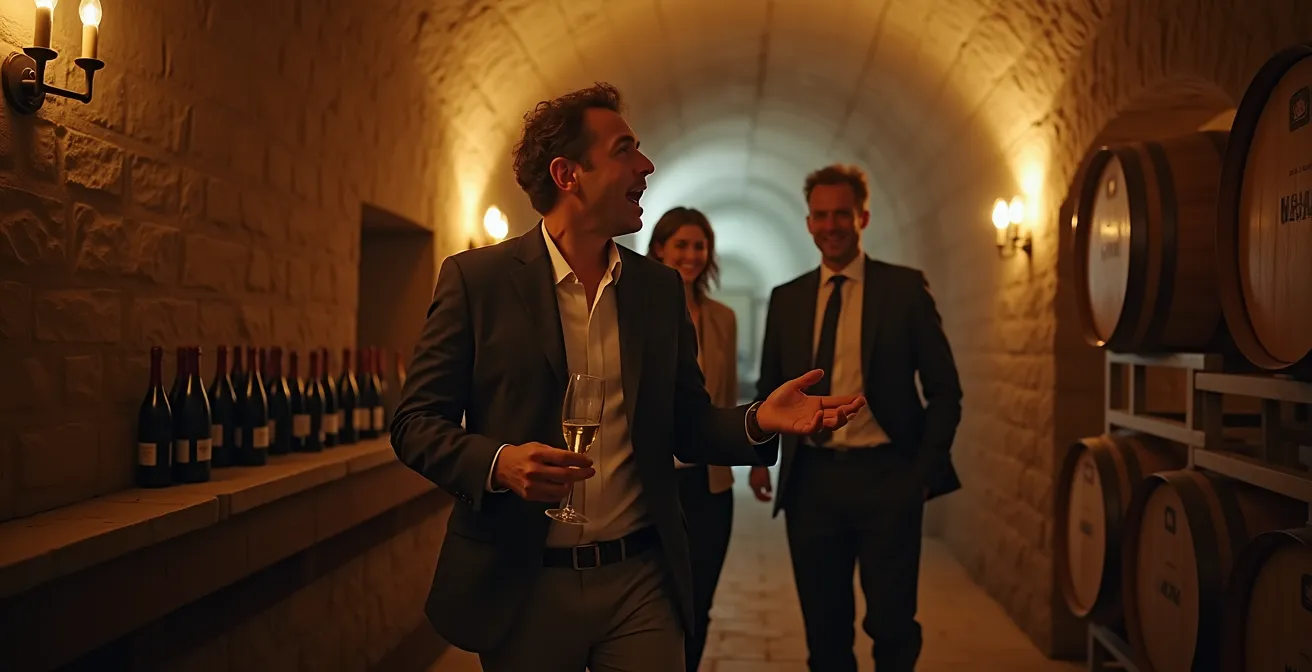 Guide privé ouvrant les portes d'une cave historique de Champagne avec éclairage tamisé