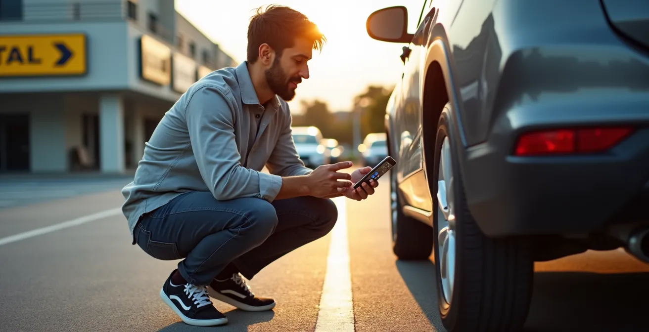 Personne photographiant méthodiquement une voiture de location sous différents angles avec smartphone