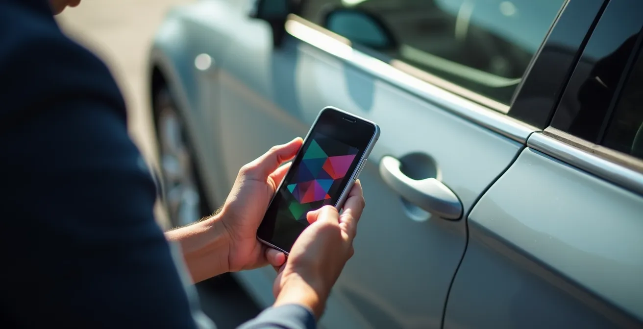 Personne documentant l'état d'une voiture avec un smartphone en lumière naturelle