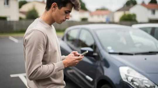 Jeune conducteur français consultant son smartphone devant sa voiture compacte dans un parking résidentiel