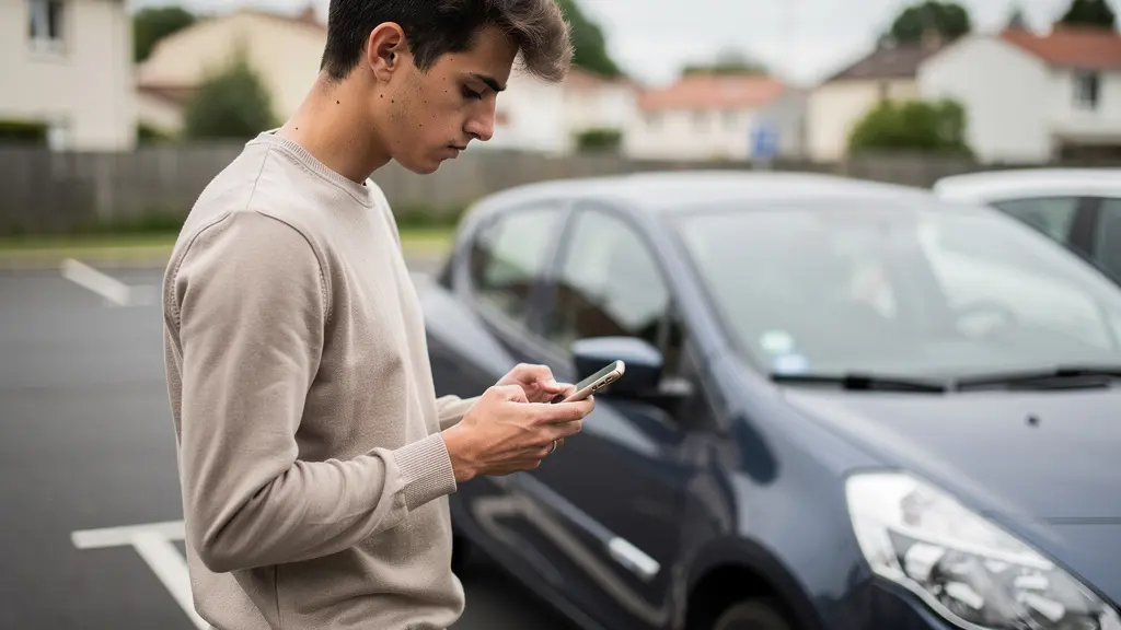 Jeune conducteur français consultant son smartphone devant sa voiture compacte dans un parking résidentiel