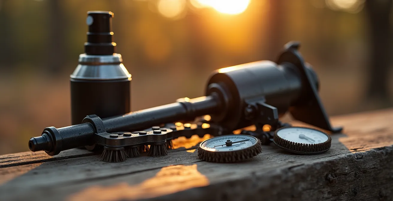 Gros plan sur les outils d'entretien de chaîne moto posés sur une surface en bois naturel