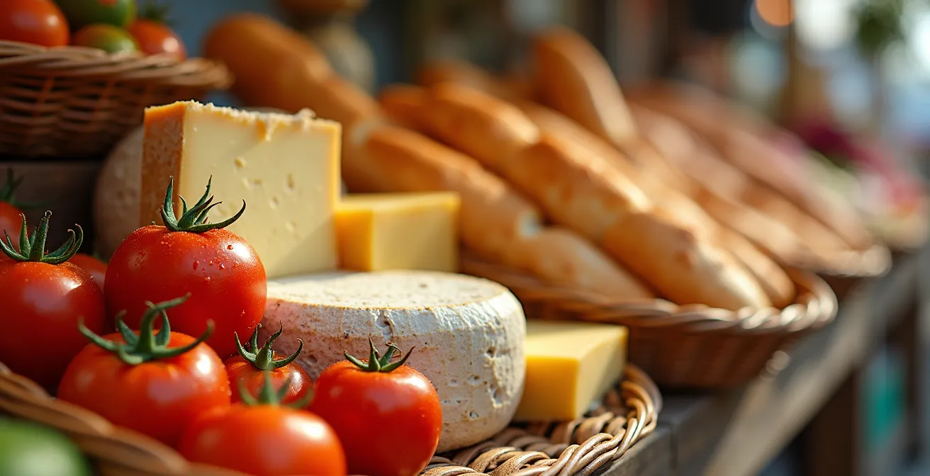 Stand de marché français avec fromages et produits locaux dans la lumière matinale