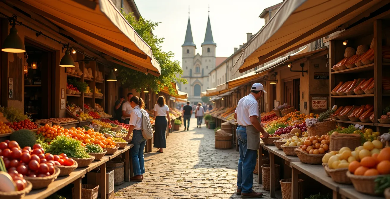 Marché de producteurs locaux français avec étals colorés de légumes et fromages artisanaux