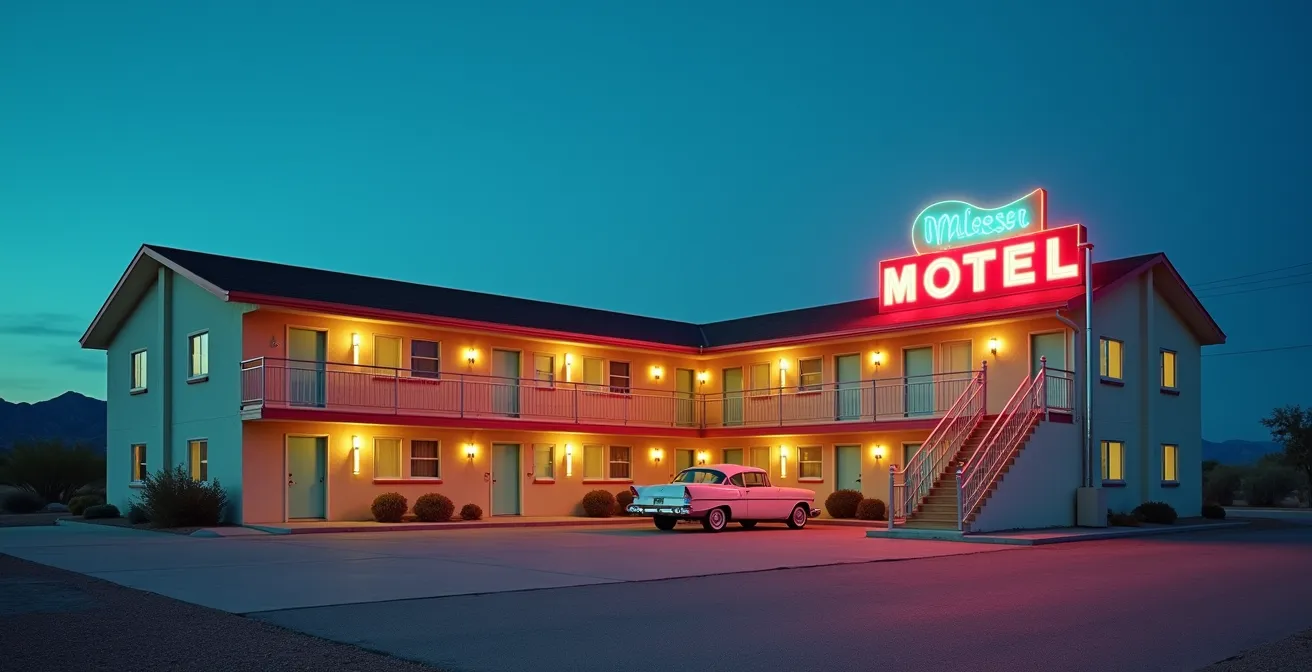 Façade d'un motel vintage de la Route 66 illuminé au crépuscule avec son enseigne néon caractéristique