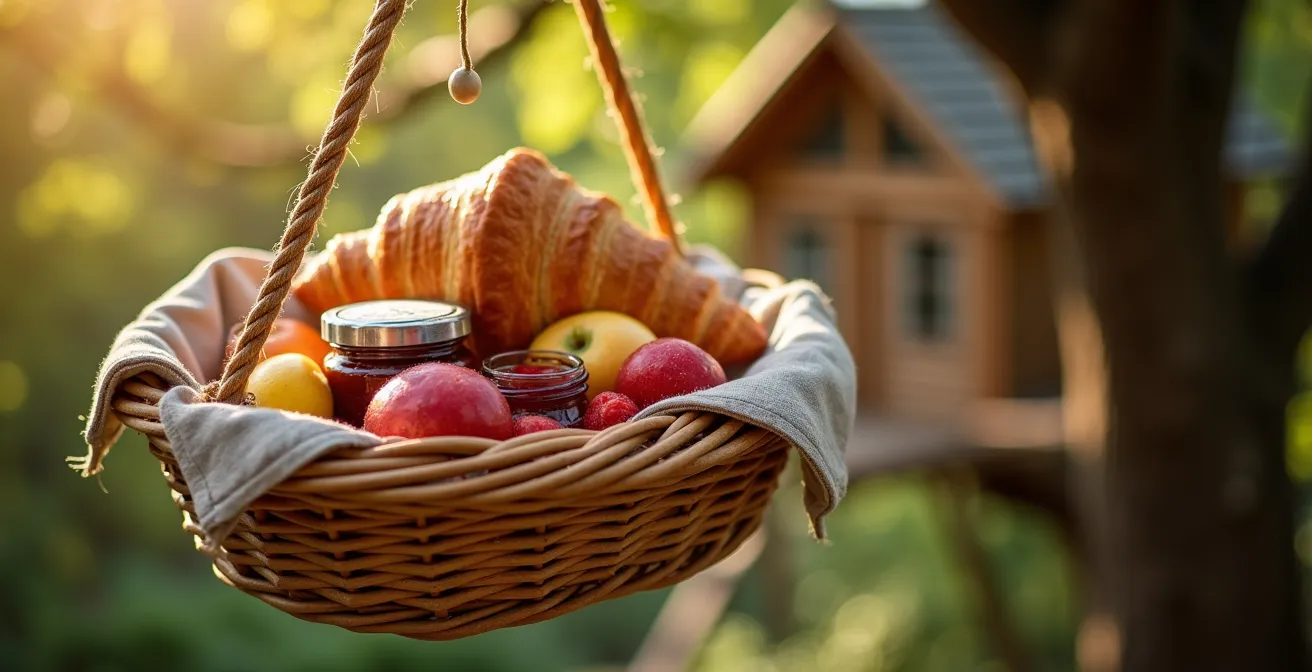 Panier en osier rempli de produits locaux suspendu à une poulie devant une cabane perchée au lever du soleil