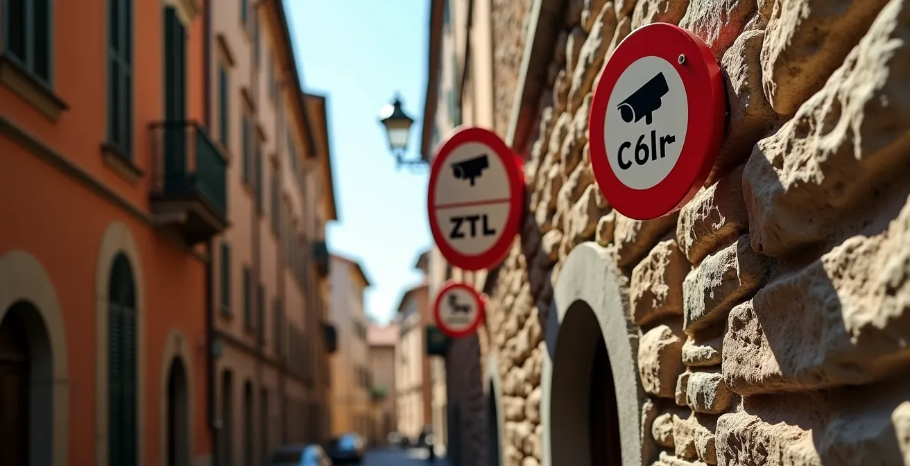 Panneau de signalisation ZTL italien en hauteur avec caméra de surveillance, dans une rue historique