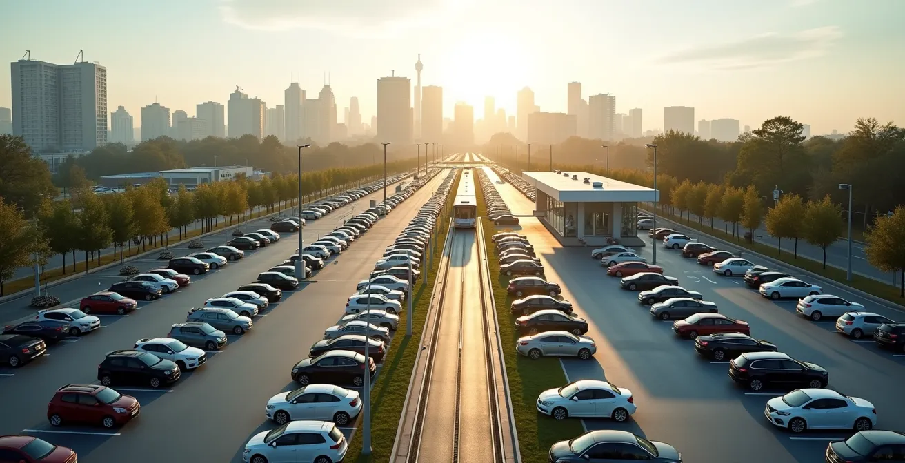Vue aérienne d'un parc relais avec tramway à l'entrée d'une métropole française