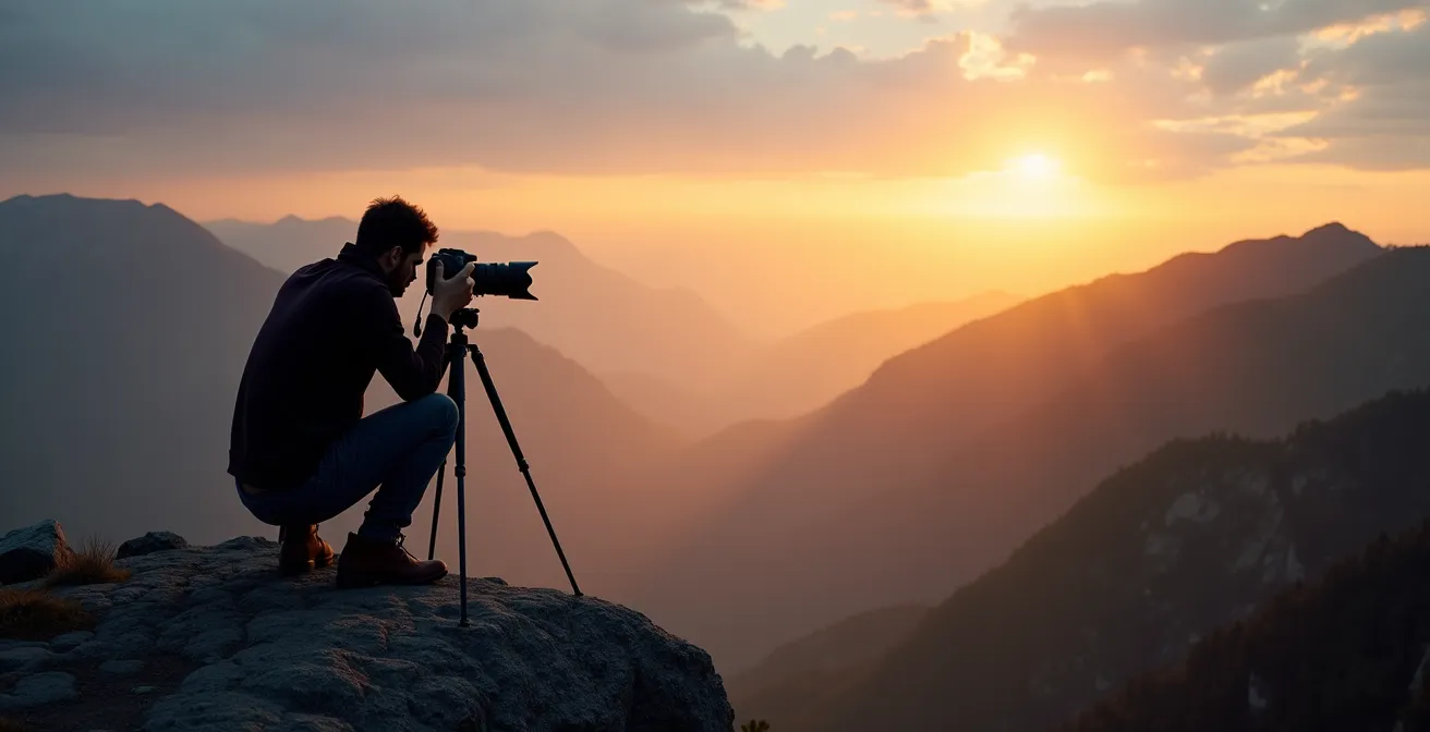 Photographe solitaire capturant l'aube depuis un promontoire rocheux peu connu