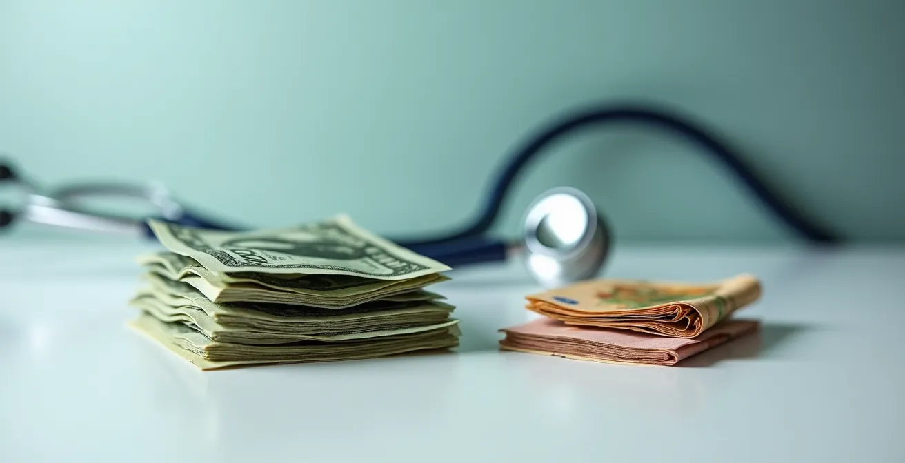 Gros plan sur des billets de banque en dollars et en euros empilés de manière contrastée, symbolisant l'écart entre les coûts médicaux américains et les remboursements français