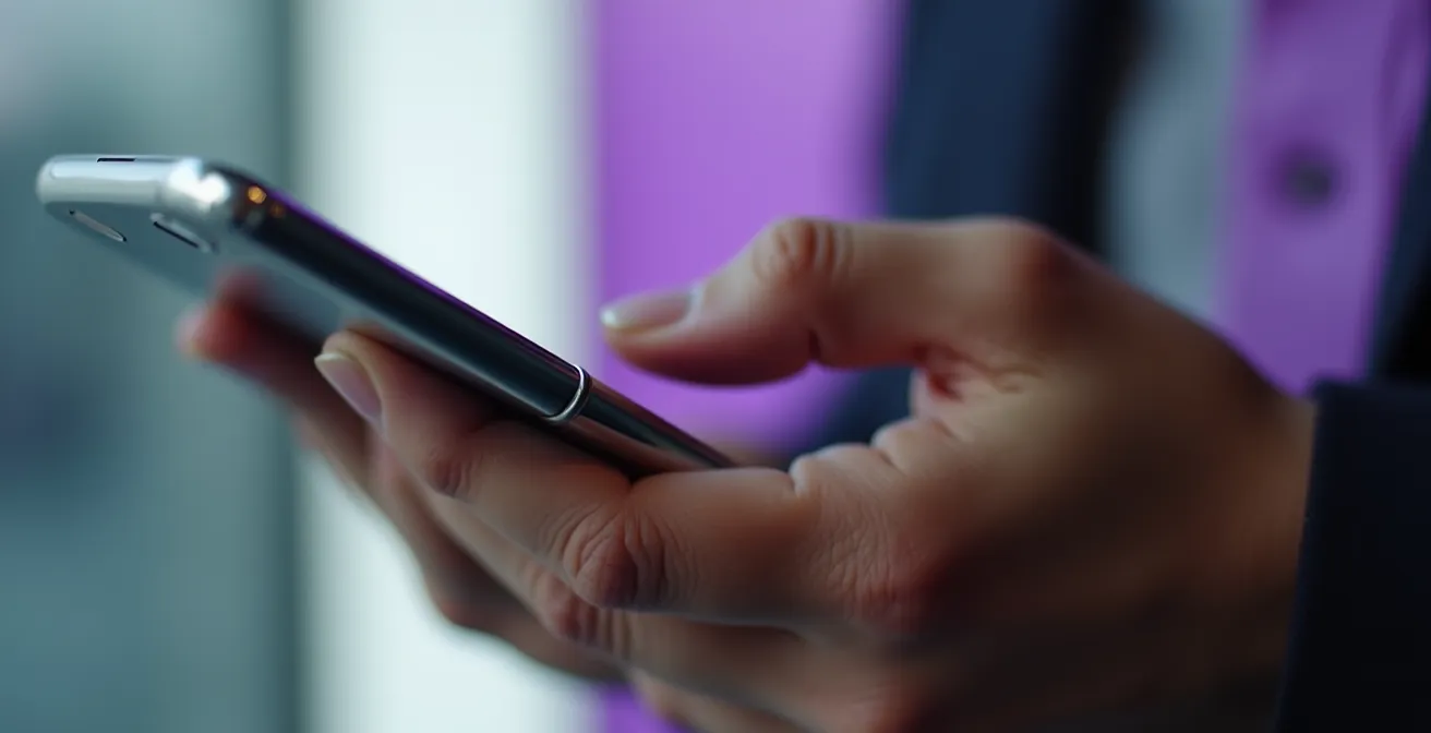 Macro détail d'une main tenant un smartphone avec géolocalisation floue en arrière-plan