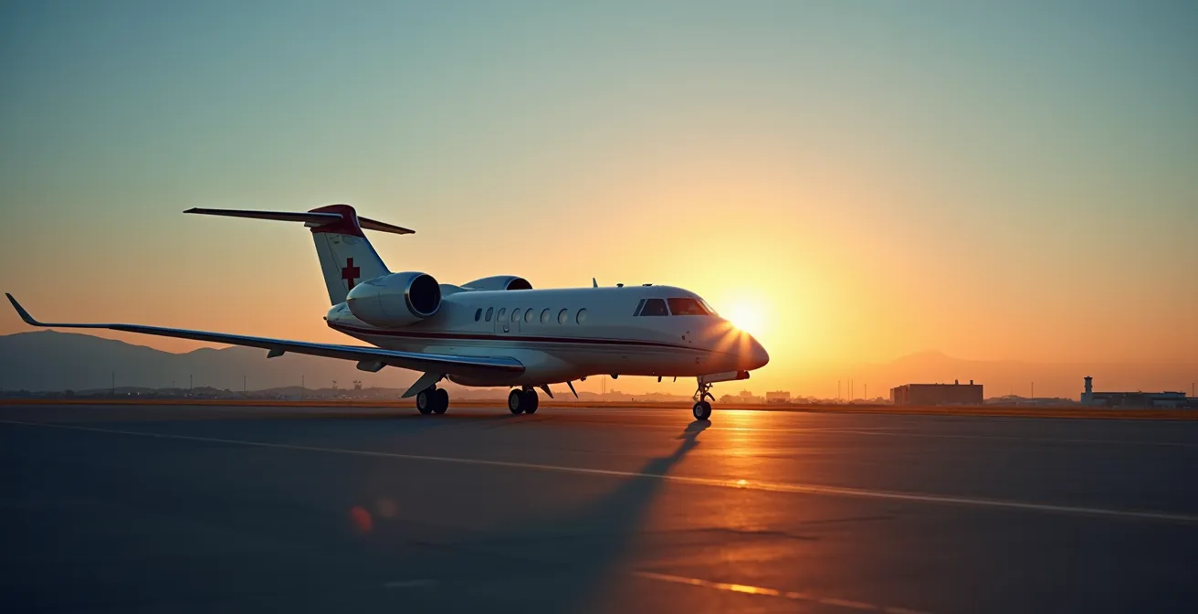 Vue d'un avion sanitaire médicalisé sur le tarmac d'un aéroport américain