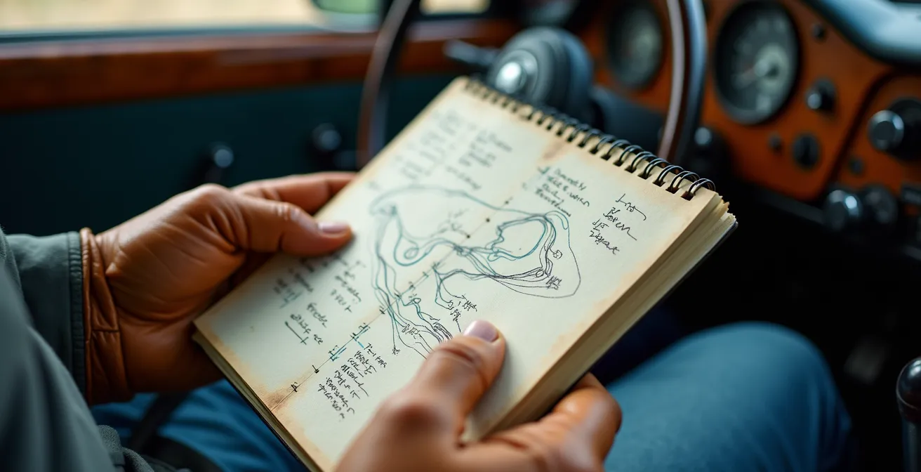 Gros plan sur des mains tenant un roadbook de rallye avec des notes de navigation manuscrites
