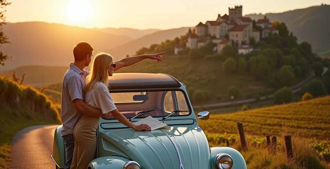 Vue aérienne d'une route départementale sinueuse traversant la campagne française avec villages perchés