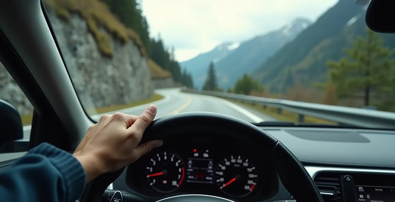 Vue plongeante d'une route de col avec une voiture négociant un virage en épingle