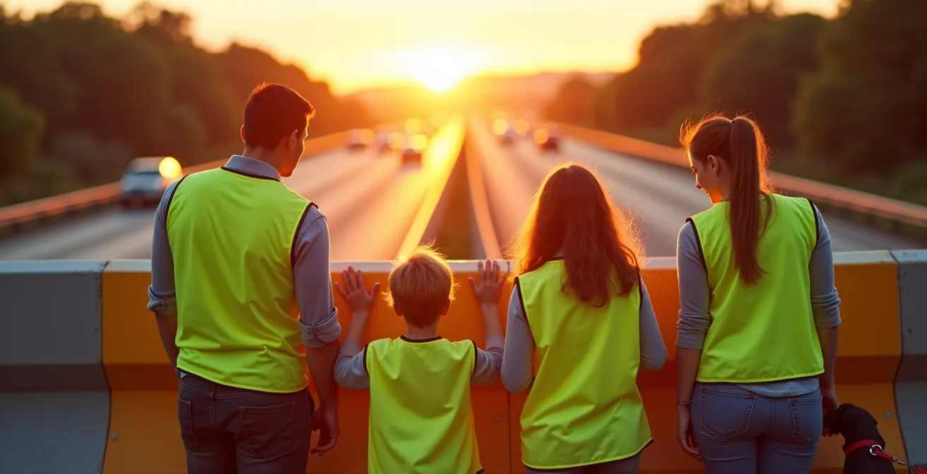 Famille en sécurité derrière la glissière autoroutière, portant des gilets jaunes pour être visible.