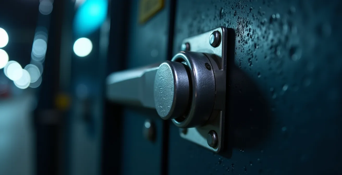 Détail macro d'un système de verrouillage renforcé sur une porte de van