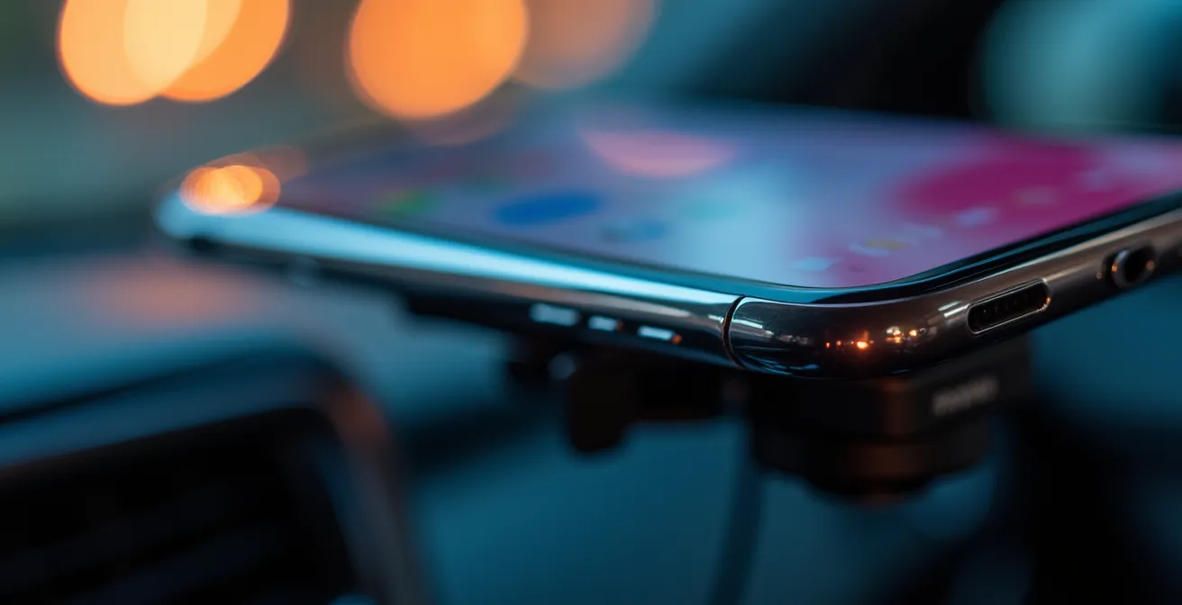 Smartphone posé sur le tableau de bord d'une voiture montrant une interface de navigation, avec une power bank connectée