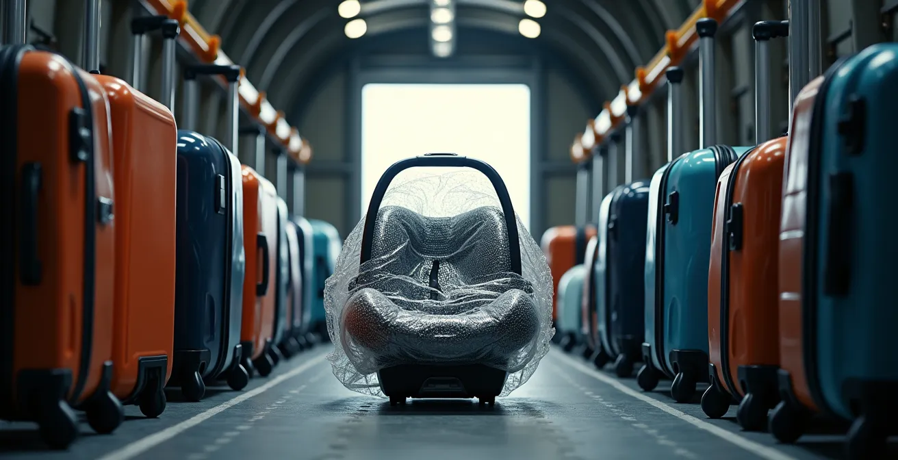 Vue de l'intérieur d'une soute d'avion avec bagages et siège auto emballé dans du plastique protecteur