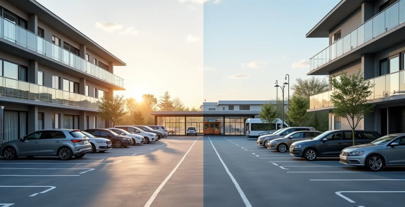 Vue panoramique d'un hôtel moderne en périphérie avec parking et station de métro visible à proximité