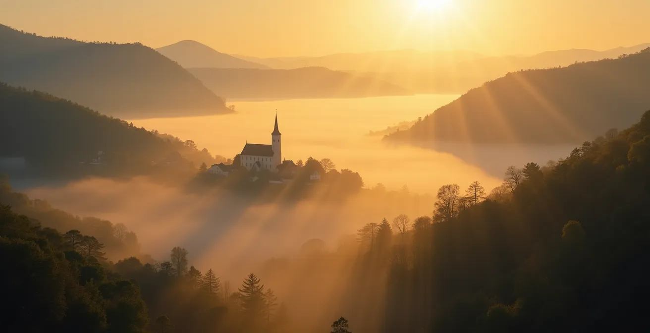 Vallée de la Dordogne baignée dans la brume matinale avec lumière dorée rasante